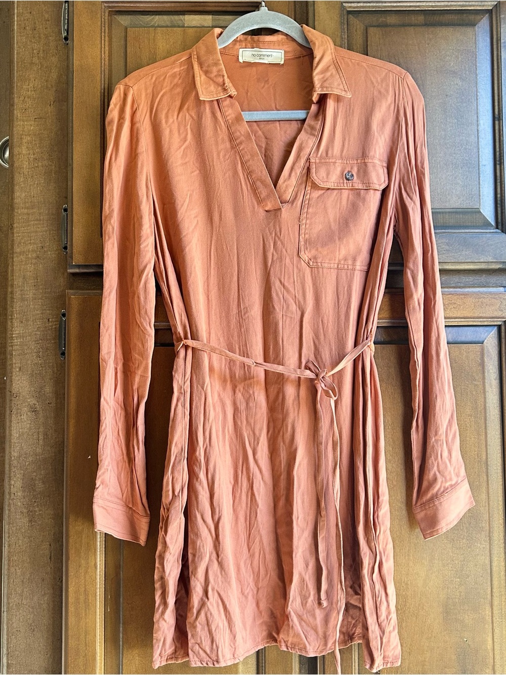 🌸No Comment long-sleeve peach V-neck shirt dress Size small - Picture 3 of 10